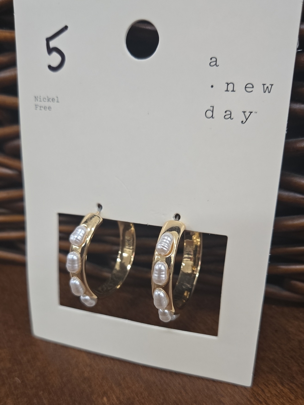 a new day Gold Hoops with White Pearl Accents